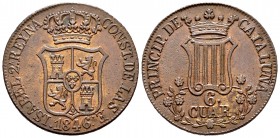 Isabel II (1833-1868). 6 cuartos. 1846. Barcelona. (Cal 2019-31). Ae. 14,02 g. Flores de 7 pétalos. MBC+. Est...60,00. /// ENGLISH: Elizabeth II (1833...