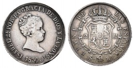 Isabel II (1833-1868). 2 reales. 1850. Sevilla. RD. (Cal-837). Ag. 2,57 g. Golpecito en el canto. MBC+. Est...35,00. /// ENGLISH: Elizabeth II (1833-1...