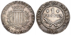 Isabel II (1833-1868). 1 peseta. 1836. Barcelona. PS. (Cal 2019-271). Ag. 5,81 g. Canto estriado. Sin punto entre P y S. Rara. EBC+. Est...650,00. ///...