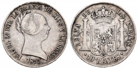 Isabel II (1833-1868). 10 reales. 1853. Barcelona. (Cal-508). Ag. 12,94 g. MBC-. Est...30,00. /// ENGLISH: Elizabeth II (1833-1868). 10 reales. 1853. ...