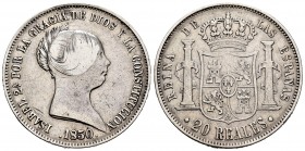 Isabel II (1833-1868). 20 reales. 1850. Madrid. (Cal-592). Ag. 25,61 g. Raya en anverso y golpecito en el canto. MBC-. Est...75,00. /// ENGLISH: Eliza...