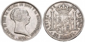 Isabel II (1833-1868). 20 reales. 1854. Madrid. (Cal-596). Ag. 25,70 g. Rayas en anverso. MBC-. Est...100,00. /// ENGLISH: Elizabeth II (1833-1868). 2...