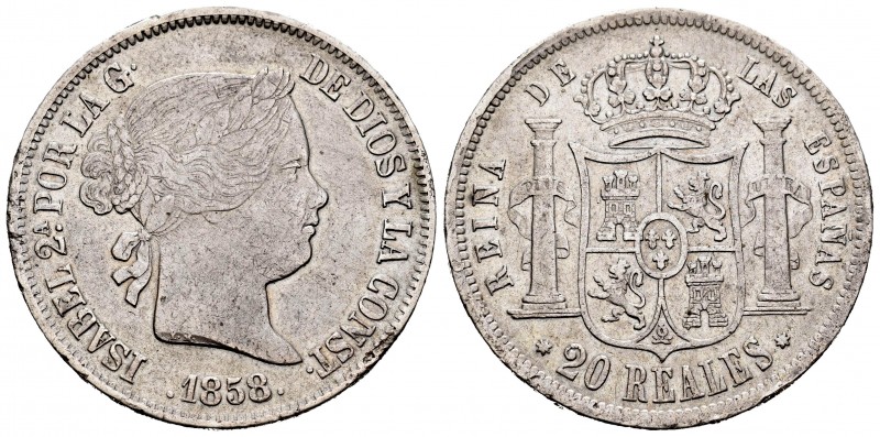 Isabel II (1833-1868). 20 reales. 1858. Sevilla. (Cal-635). Ag. 25,81 g. Golpes ...