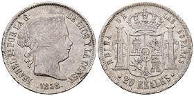 Isabel II (1833-1868). 20 reales. 1858. Sevilla. (Cal-635). Ag. 25,81 g. Golpes en el canto. MBC+. Est...150,00. /// ENGLISH: Elizabeth II (1833-1868)...