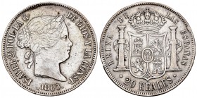 Isabel II (1833-1868). 20 reales. 1860/50. Sevilla. (Cal-637). Ag. 25,74 g. Golpecitos en el canto. Escasa. MBC. Est...160,00. /// ENGLISH: Elizabeth ...