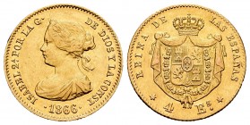 Isabel II (1833-1868). 4 escudos. 1866. Madrid. (Cal 2019-689). Au. 3,32 g. EBC-. Est...200,00. /// ENGLISH: Elizabeth II (1833-1868). 4 escudos. 1866...