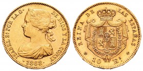 Isabel II (1833-1868). 10 escudos. 1868*18-68. Madrid. (Cal-815). Au. 8,34 g. Golpecito en el canto . EBC/EBC+. Est...400,00. /// ENGLISH: Elizabeth I...