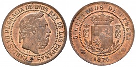 Carlos VII (1872-1876). 5 céntimos. 1875. Oñate. (Cal 2019-2). Ae. 5,03 g. Brillo original. EBC. Est...90,00. /// ENGLISH: Carlos VII (1872-1876). 5 c...