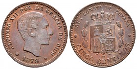 Alfonso XII (1874-1885). 5 céntimos. 1878. Barcelona. OM. (Cal-5). Ae. 5,02 g. EBC-. Est...65,00. /// ENGLISH: Alfonso XII (1874-1885). 5 céntimos. 18...