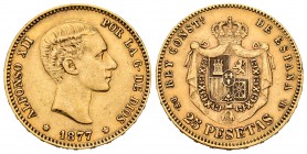 Alfonso XII (1874-1885). 25 pesetas. 1877*18-77. Madrid. DEM. (Cal-68). Au. 8,03 g. MBC+. Est...350,00. /// ENGLISH: Alfonso XII (1874-1885). 25 peset...
