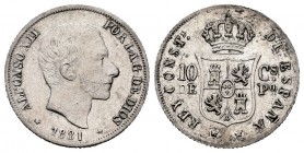 Alfonso XII (1874-1885). 10 centavos. 1881. Manila. (Cal-94). Ag. 2,59 g. Escasa. MBC+. Est...60,00. /// ENGLISH: Alfonso XII (1874-1885). 10 centavos...