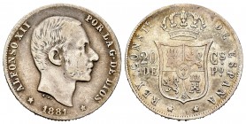 Alfonso XII (1874-1885). 20 centavos. 1881. Manila. (Cal-105). Ag. 5,13 g. MBC-. Est...25,00. /// ENGLISH: Alfonso XII (1874-1885). 20 centavos. 1881....