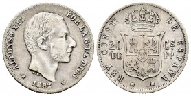 Alfonso XII (1874-1885). 20 centavos. 1882. Manila. (Cal-105). Ag. 5,07 g. BC+/MBC-. Est...20,00. /// ENGLISH: Alfonso XII (1874-1885). 20 centavos. 1...