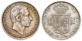 Alfonso XII (1874-1885). 20 centavos. 1884. Manila. (Cal-109). Ag. 5,07 g. BC+. Est...35,00. /// ENGLISH: Alfonso XII (1874-1885). 20 centavos. 1884. ...