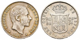 Alfonso XII (1874-1885). 20 centavos. 1885. Manila. (Cal-109). Ag. 4,97 g. MBC-. Est...25,00. /// ENGLISH: Alfonso XII (1874-1885). 20 centavos. 1885....