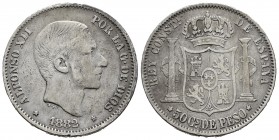 Alfonso XII (1874-1885). 50 centavos. 1882. Manila. (Cal 2019-118). Ag. 12,81 g. MBC-. Est...45,00. /// ENGLISH: Alfonso XII (1874-1885). 50 centavos....