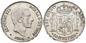 Alfonso XII (1874-1885). 50 centavos. 1885. Manila. (Cal-124). Ag. 12,90 g. Mínimas oxidaciones. Restos de brillo original. EBC/EBC+. Est...80,00. ///...