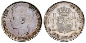 Alfonso XIII (1886-1931). 1 peseta. 1900*19-00. Madrid. SMV. (Cal-59). Ag. 5,01 g. Limpiada. MBC+. Est...45,00. /// ENGLISH: Alfonso XIII (1886-1931)....