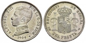 Alfonso XIII (1886-1931). 1 peseta. 1904*19-04. Madrid. SMV. (Cal-70). Ag. 5,16 g. MBC+. Est...60,00. /// ENGLISH: Alfonso XIII (1886-1931). 1 peseta....