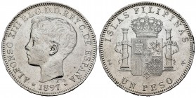 Alfonso XIII (1886-1931). 1 peso. 1897. Manila. SGV. (Cal-122). Ag. 24,93 g. Golpecitos. Limpiada. MBC+. Est...50,00. /// ENGLISH: Alfonso XIII (1886-...