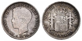 Alfonso XIII (1886-1931). 10 centavos. 1896. Puerto Rico. PGV. (Cal-125). Ag. 2,49 g. MBC-/MBC. Est...65,00. /// ENGLISH: Alfonso XIII (1886-1931). 10...
