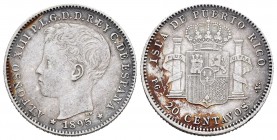 Alfonso XIII (1886-1931). 20 centavos. 1895. Puerto Rico. PGV. (Cal 2008-84). Ag. 4,98 g. Restos de óxido. Escasa. MBC+. Est...90,00. /// ENGLISH: Alf...