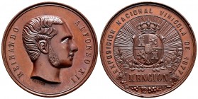 Alfonso XII (1874-1885). Medalla. 1877. (V-473). Ae. 37,64 g. Exposición Nacional Vinícola. Grabador: Cortés. Golpecitos en el canto. 41 mm. SC-. Est....
