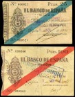 Lote de 2 billetes Banco de España Gijón; 25 pesetas (Ed 2017-382) y 100 pesetas (Ed 2017-384). Ambos con sello tampón de Vencimiento Prorrogado. MBC/...