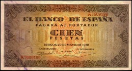 100 pesetas. 1938. Burgos. (Ed 2017-432). 20 de mayo, Casa del Cordón. Serie A. Dobleces. EBC-. Est...35,00. /// ENGLISH: 100 pesetas. 1938. Burgos. (...