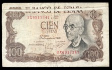 100 pesetas. 1970. Madrid. (Ed 2017-472b). 17 de noviembre, Manuel de Falla. Serie 3X. Error de impresión por pliegue de papel. MBC-. Est...35,00. ///...
