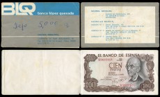 Cheque libreta de 10 billetes de 100 pesetas del Banco López Quesada original de época con separadores (hojas en blanco). Muy interesante. A EXAMINAR....