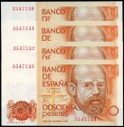 200 pesetas. 1980. Madrid. 16 de septiembre, Leopoldo Alas "Clarín". Sin serie. Cuatro billetes correlativos. SC. Est...50,00. /// ENGLISH: 200 peseta...
