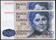 500 pesetas. 1979. Madrid. (Ed 2017-476).  23 de noviembre, Rosalía de Castro. Sin serie. Pareja correlativa. SC. Est...50,00. /// ENGLISH: 500 peseta...