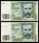 1000 pesetas. 1979. Madrid. (Ed 2017-477a). 23 de octubre, Benito Pérez Galdós. Pareja de billetes series T y 1I. Ambos con la impresión de los número...