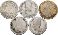 Lote de 5 monedas de 2 reales Carlos III (2) y Fernando VII (3). A EXAMINAR. BC/BC+. Est...40,00. /// ENGLISH: Lote de 5 monedas de 2 reales Carlos II...