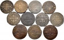 Lote de 11 piezas de 4 cuartos, en su gran mayoría de cobre fundido, 1809 (2), 1810 (3), 1811 (2), 1812 (1) y 1813 (3). A EXAMINAR. BC/MBC. Est...100,...