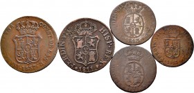 Lote de 5 piezas de cobre, 4 de Fernando VII (1 cuarto 1813, 2 de cuarto y medio (1811, 1813), 1 de 3 cuartos 1811), y 1 de Isabel II (3 cuartos 1837)...