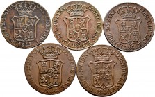 Lote de 5 monedas de Isabel II de 6 cuartos 1838, 1840, 1841, 1844 y 1846. A EXAMINAR. MBC+/EBC-. Est...200,00. /// ENGLISH: Lote de 5 monedas de Isab...