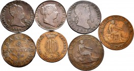Lote de 7 cobres españoles variados. Un 4 quartos de José Napoleón de 1812. Un 8 maravedís de Fernando VII de 1831. 3 de Isabel II y 2 de 10 céntimos ...