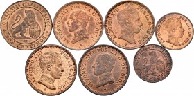 Lote de 7 monedas de cobre Centenario de Peseta, 2 céntimos (5) 1870, 1904, 1905, 1911, 1912 y 1 céntimo (2) 1870 y 1906. A EXAMINAR. MBC+/EBC+. Est.....