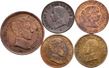 Lote de 4 piezas de cobre de Alfonso XIII, 2 céntimos (1), 1 céntimo (3) y otra de 1/2 céntimo de Isabel II. En total 5 monedas. A EXAMINAR. MBC+/EBC....