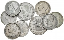 Lote de 9 monedas de plata. 7 de 1 peseta, 2 de Alfonso XII de los años 1883 y 1885; 5 de Alfonso XIII de los años,  1891, 1899, 1901, 1903 y 1904. Y,...
