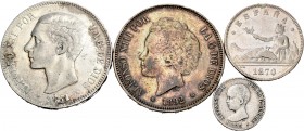 Lote de 4 monedas españolas de plata. 2 pesteas de 1870 del Gobierno Provisional. 5 Pesetas de 1881 de Alfonso XII. Y 2 de Alfonso XIII, un 50 céntimo...