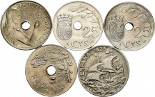 Lote de 5 monedas españolas de 25 céntimos,1925, 1927, 1934 y 1937 (2). A EXAMINAR. MBC/SC. Est...100,00. /// ENGLISH: Lote de 5 monedas españolas de ...