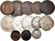 Lote heterogéneo de 13 monedas españolas, 5 de plata, 7 de bronce y 1 de cupro niquel, entre ellas 1 escalín de 1629 y una medalla de Wellington 1812....