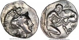 CALABRIA. Tarentum. Ca. 380-280 BC. AR diobol (13mm, 6h). NGC XF. Ca. 325-280 BC. Head of Athena right, wearing crested Attic helmet decorated with fi...