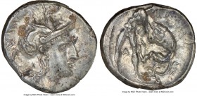 CALABRIA. Tarentum. Ca. 380-280 BC. AR diobol (12mm, 6h). NGC XF. Ca. 325-280 BC. Head of Athena right, wearing crested Attic helmet decorated with fi...
