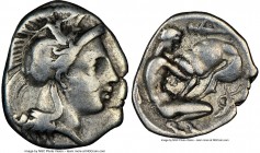 CALABRIA. Tarentum. Ca. 380-280 BC. AR diobol (12mm, 5h). NGC VF. Ca. 325-280 BC. Head of Athena right, wearing crested Attic helmet decorated with fi...