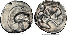 CALABRIA. Tarentum. Ca. 380-280 BC. AR diobol (13mm, 12h). NGC VF. Ca. 325-280 BC. Head of Athena right, wearing crested Attic helmet decorated with f...