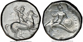 CALABRIA. Tarentum. Ca. 332-302 BC. AR didrachm (19mm, 7h). NGC VF. Dai- and Fi-, magistrates. Helmeted nude cavalryman on horseback right, thrusting ...